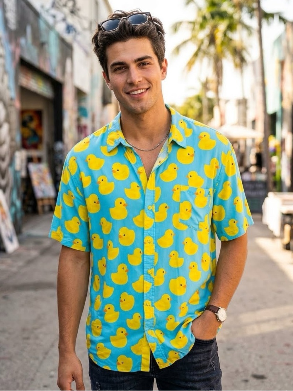 Tipsy Elves Men’s Rubber Ducky Hawaiian Button Down Casual Shirt Blue Yellow XXL